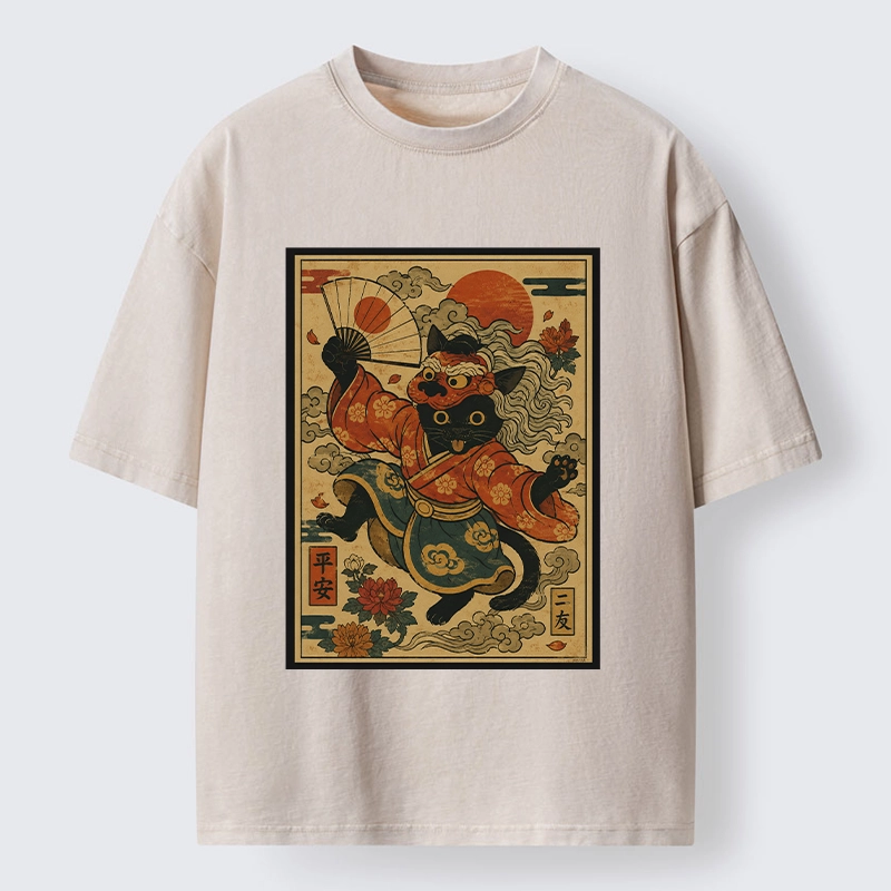 Tokyo-Tiger Kimono Cat Fan Peony Lucky Peace Print Washed T-Shirt