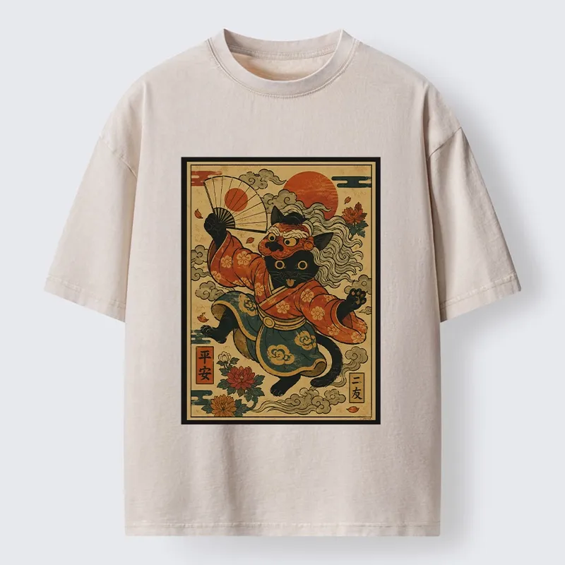 Tokyo-Tiger Kimono Cat Fan Peony Lucky Peace Print Washed T-Shirt
