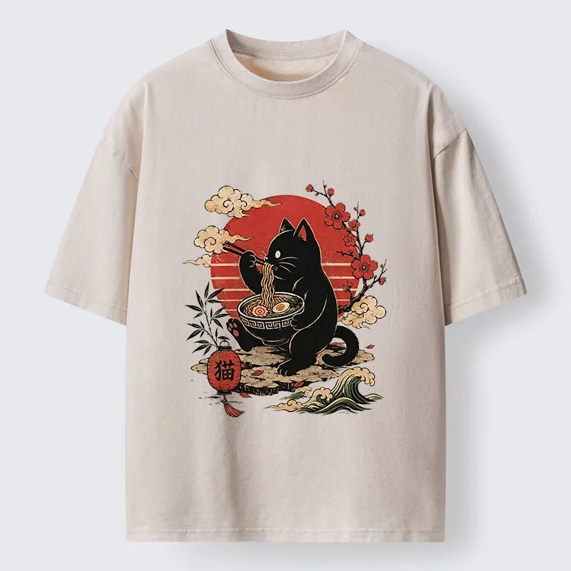 Tokyo-Tiger Black Cat Eating Ramen Cherry Blossom Art Washed T-Shirt
