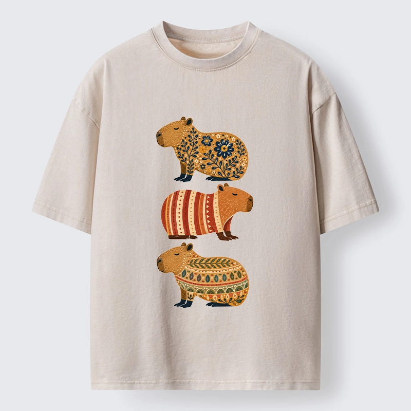 Tokyo-Tiger Folk Floral Striped Capybara Trio Print Washed T-Shirt