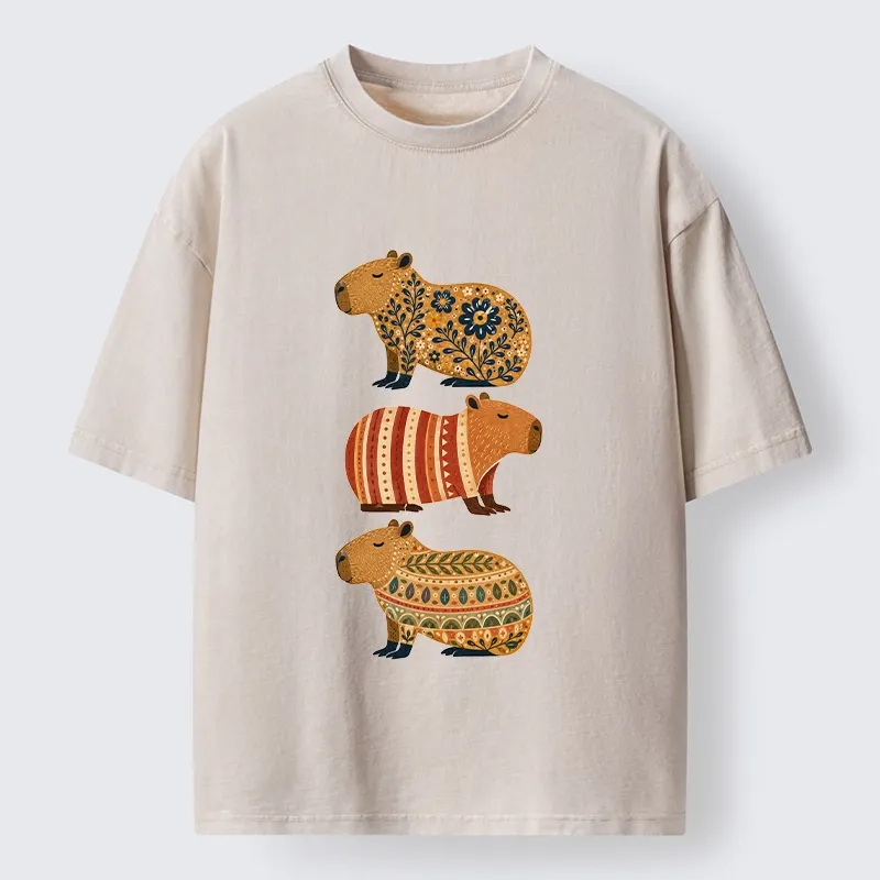 Tokyo-Tiger Folk Floral Striped Capybara Trio Print Washed T-Shirt