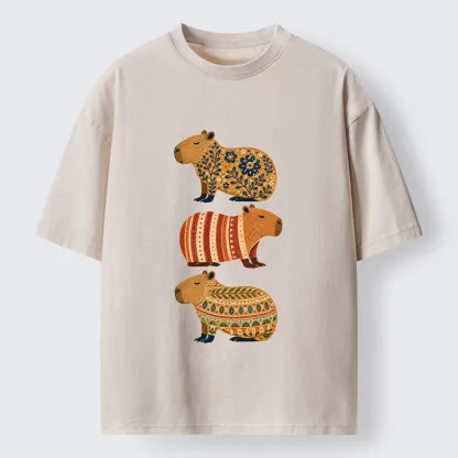 Tokyo-Tiger Folk Floral Striped Capybara Trio Print Washed T-Shirt