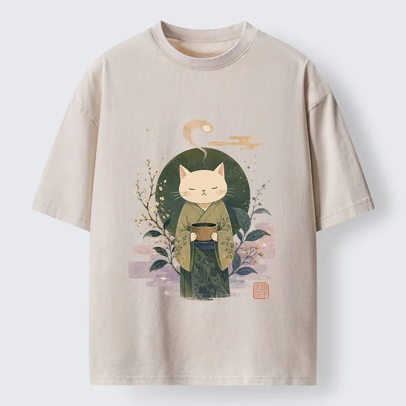 Tokyo-Tiger Soft Green Zen Cat Tea Blossom Stamp Art Washed T-Shirt