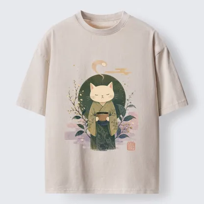 Tokyo-Tiger Soft Green Zen Cat Tea Blossom Stamp Art Washed T-Shirt