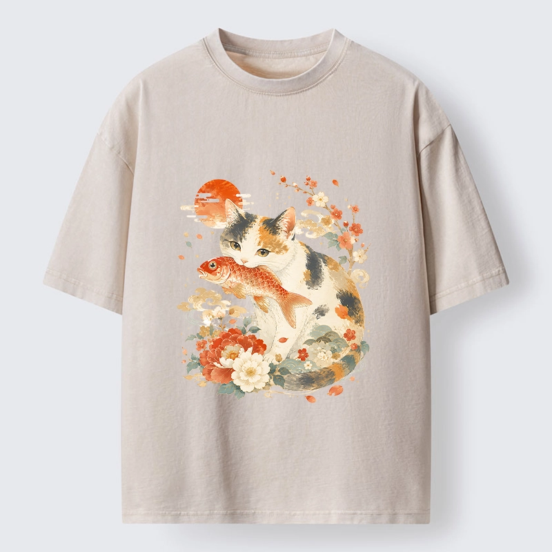 Tokyo-Tiger Traditional Japanese Cat Koi Bloom Art Washed T-Shirt