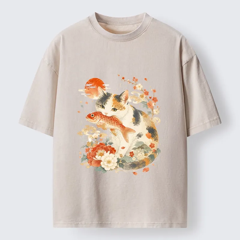 Tokyo-Tiger Traditional Japanese Cat Koi Bloom Art Washed T-Shirt