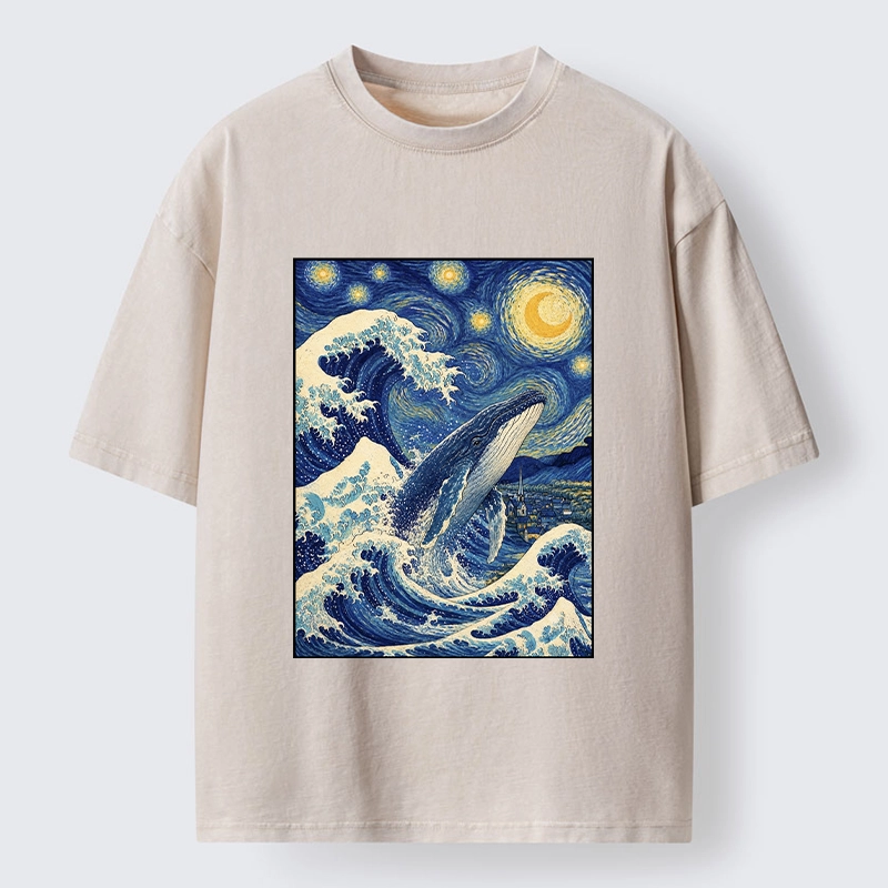 Tokyo-Tiger Starry Wave Whale Classic Art Mix Washed T-Shirt
