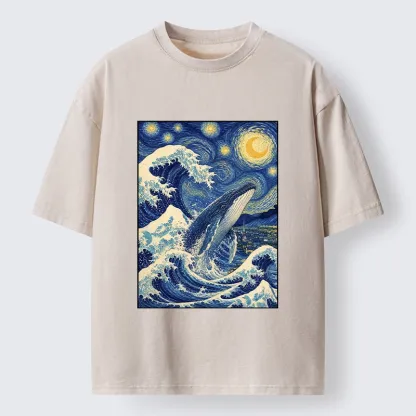 Tokyo-Tiger Starry Wave Whale Classic Art Mix Washed T-Shirt