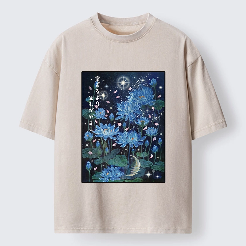 Tokyo-Tiger Night Lotus Star Soft Zen Graphic Washed T-Shirt