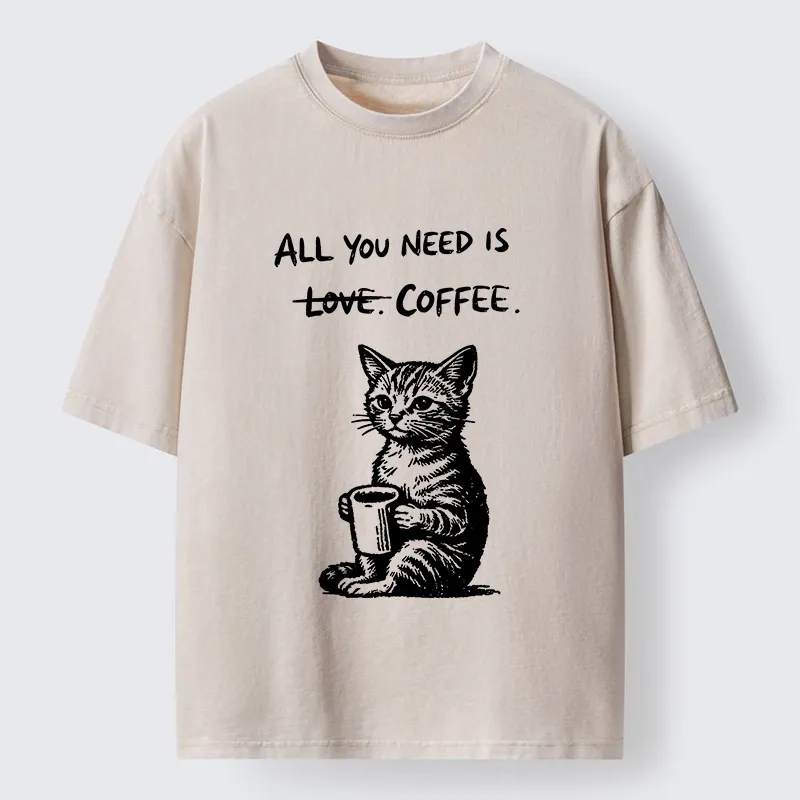 Tokyo-Tiger Cute Cat Coffee Daily Happy Vibe Washed T-Shirt