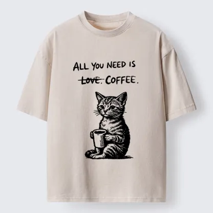 Tokyo-Tiger Cute Cat Coffee Daily Happy Vibe Washed T-Shirt