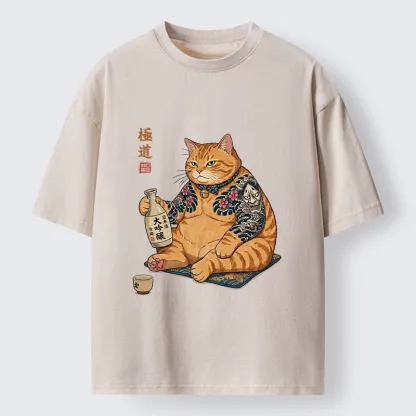 Tokyo-Tiger Traditional Japanese Cat Sake Tee Washed T-Shirt
