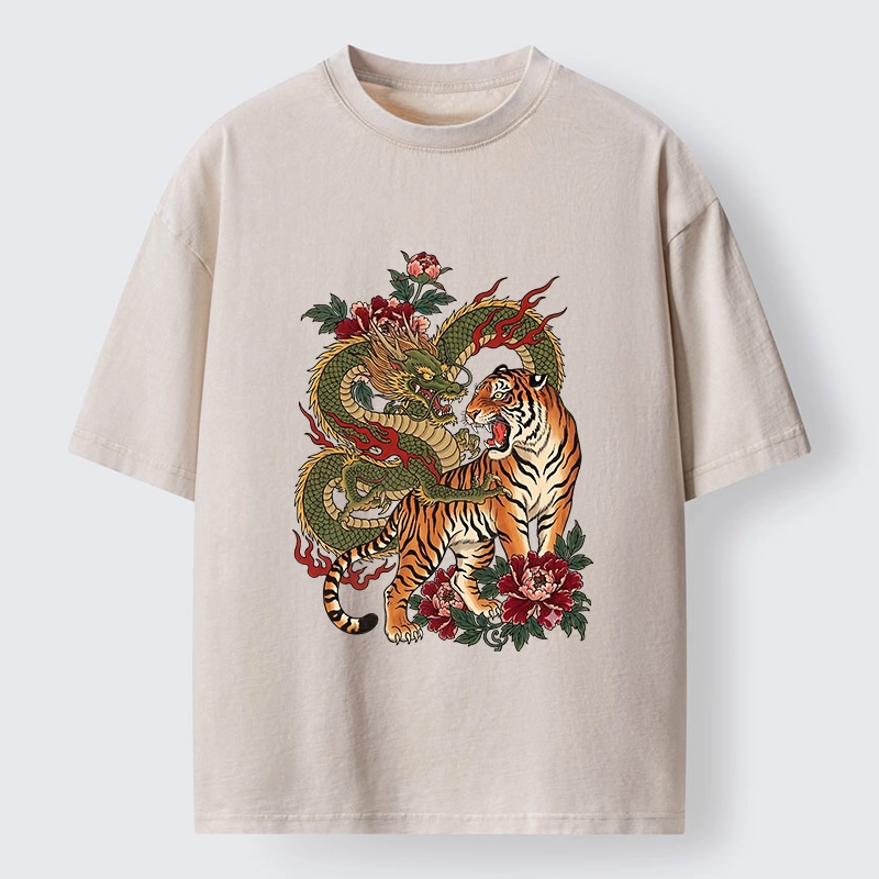 Tokyo-Tiger Vintage Asian Dragon Tiger Floral Vibe Washed T-Shirt