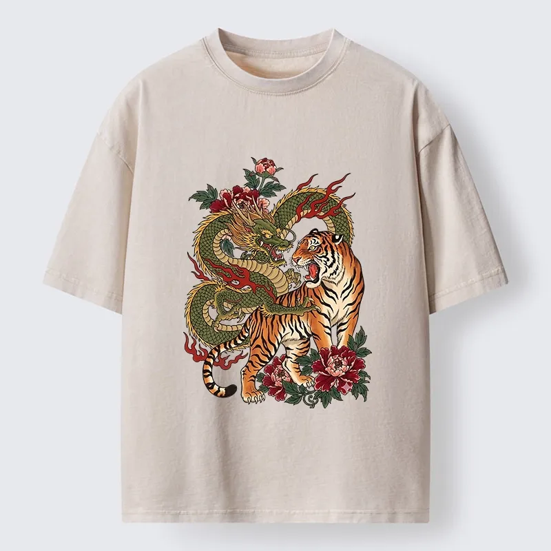 Tokyo-Tiger Vintage Asian Dragon Tiger Floral Vibe Washed T-Shirt