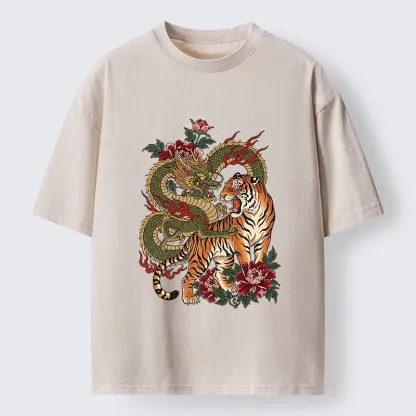 Tokyo-Tiger Vintage Asian Dragon Tiger Floral Vibe Washed T-Shirt
