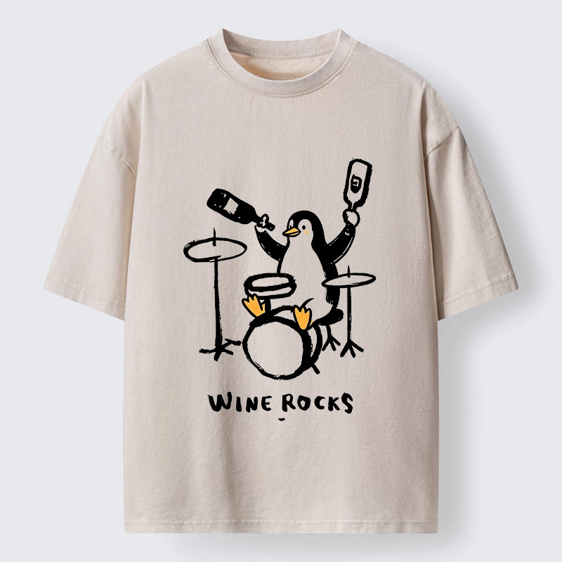 Tokyo-Tiger Cute Penguin Play Drum Drink Wine Print Washed T-Shirt