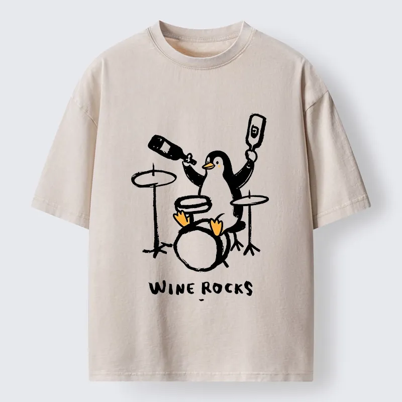 Tokyo-Tiger Cute Penguin Play Drum Drink Wine Print Washed T-Shirt
