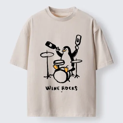 Tokyo-Tiger Cute Penguin Play Drum Drink Wine Print Washed T-Shirt