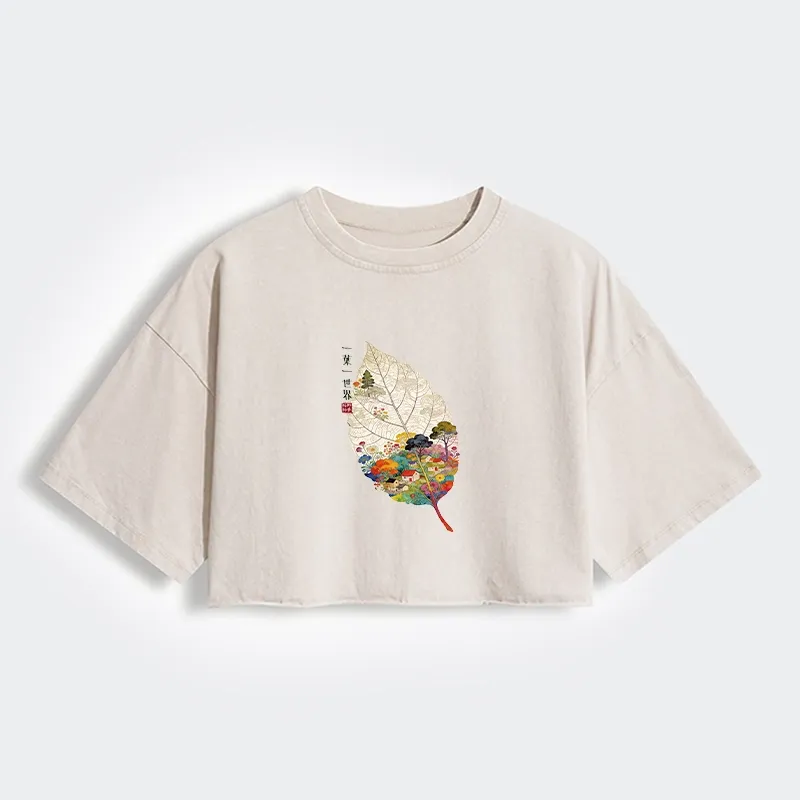 Tokyo-Tiger One Leaf Holds A Tiny Colorful World Women's Washed Crop T-Shirt Sale