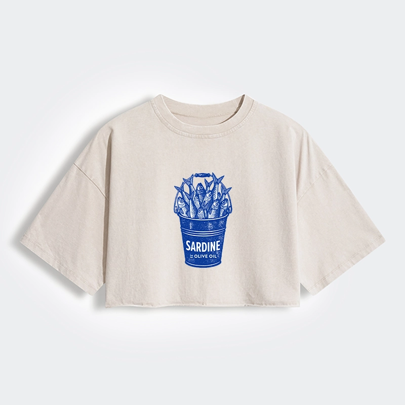 Tokyo-Tiger Vintage Bucket Full Of Fresh Sardines Women's Washed Crop T-Shirt