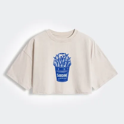 Tokyo-Tiger Vintage Bucket Full Of Fresh Sardines Women's Washed Crop T-Shirt