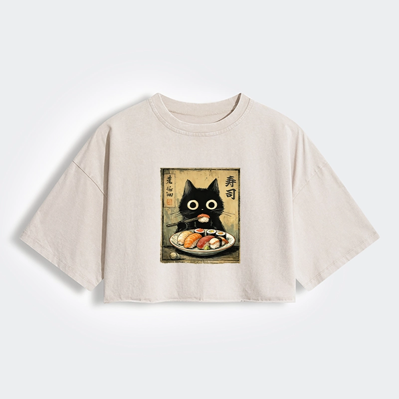 Tokyo-Tiger Vintage Japanese Sushi Cat Women's Washed Crop T-Shirt