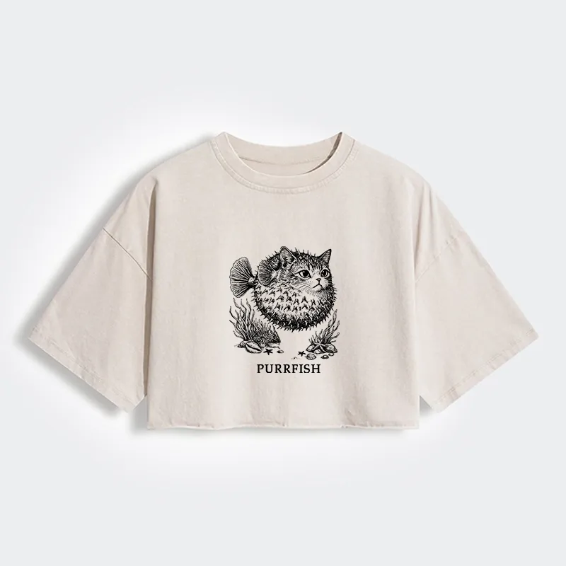 Tokyo-Tiger Spiky Puffer With Cute Cat Head Women's Washed Crop T-Shirt Sale