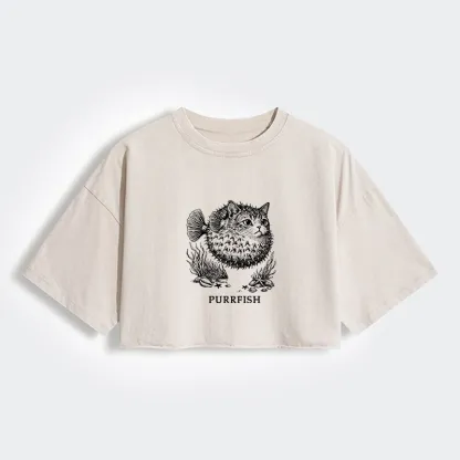 Tokyo-Tiger Spiky Puffer With Cute Cat Head Women's Washed Crop T-Shirt
