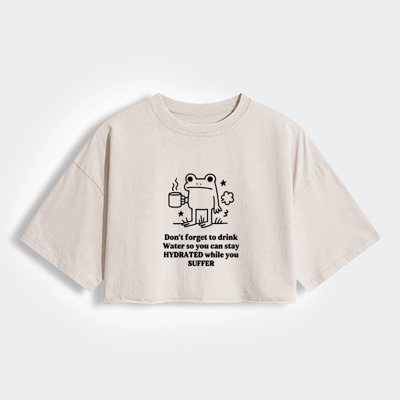 Tokyo-Tiger Frog Says Drink Water Women's Washed Crop T-Shirt