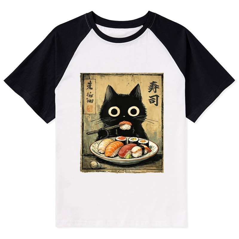 Tokyo-Tiger Vintage Japanese Sushi Cat Raglan T-shirt