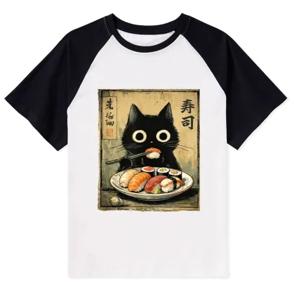 Tokyo-Tiger Vintage Japanese Sushi Cat Raglan T-shirt