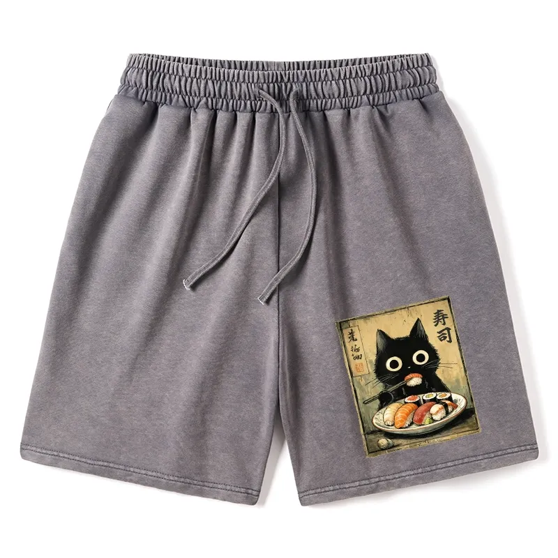 Tokyo-Tiger Vintage Japanese Sushi Cat Washed Shorts