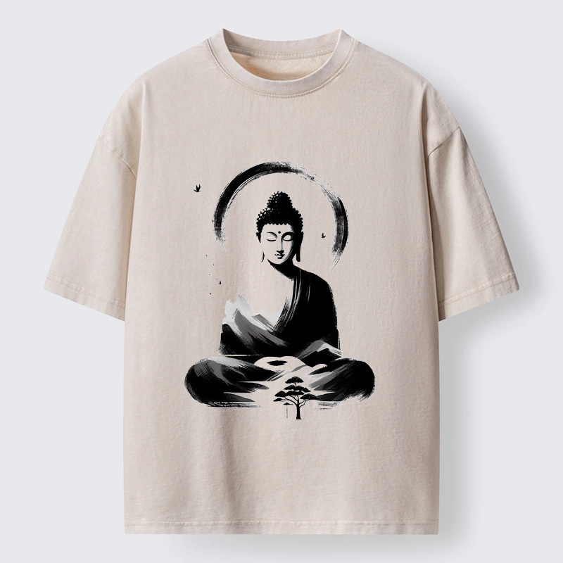Tokyo-Tiger Serene Mountain Buddha Zen Art Washed T-Shirt