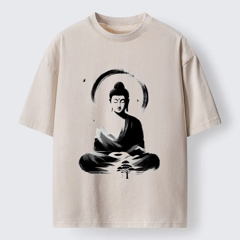 Tokyo-Tiger Serene Mountain Buddha Zen Art Washed T-Shirt Sale