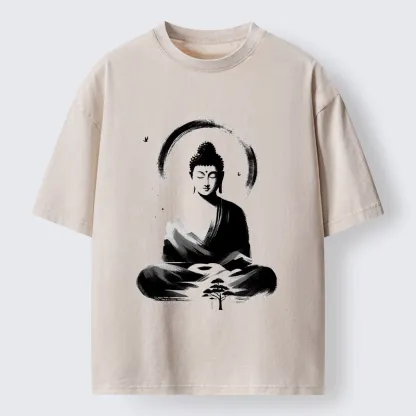 Tokyo-Tiger Serene Mountain Buddha Zen Art Washed T-Shirt