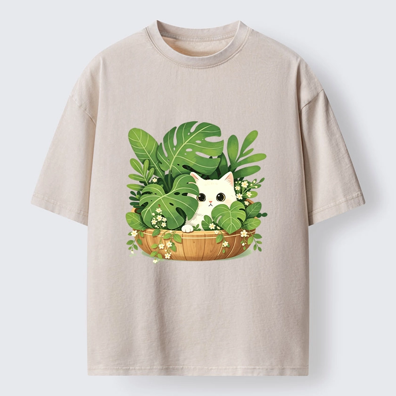 Tokyo-Tiger Sweet White Cat Green Plant Vibe Washed T-Shirt