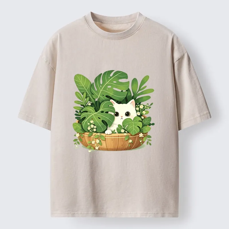 Tokyo-Tiger Sweet White Cat Green Plant Vibe Washed T-Shirt