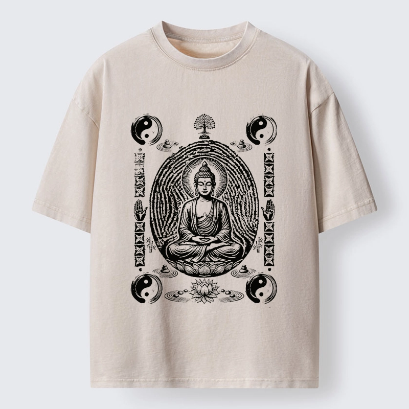 Tokyo-Tiger Minimal Spiritual Buddha Ink Art Washed T-Shirt