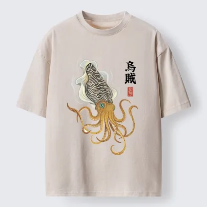 Tokyo-Tiger Ink Style Cuttlefish Japan Art Washed T-Shirt