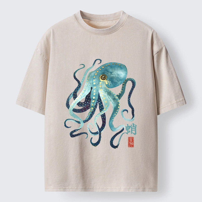Tokyo-Tiger Soft Watercolor Octopus Japanese Art Washed T-Shirt