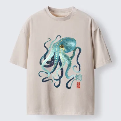 Tokyo-Tiger Soft Watercolor Octopus Japanese Art Washed T-Shirt