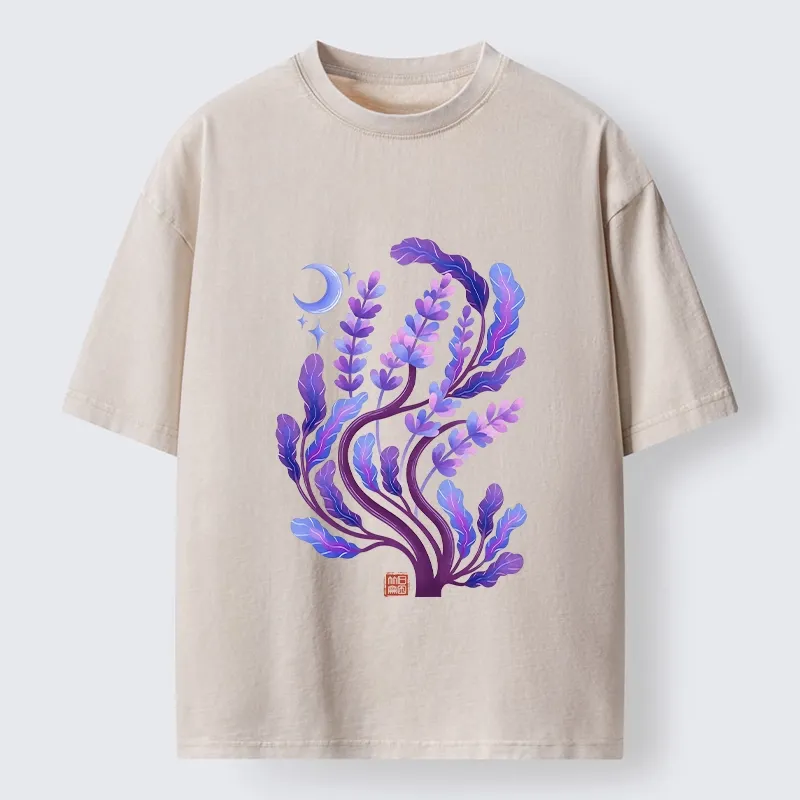 Tokyo-Tiger Peaceful Purple Floral Night Art Washed T-Shirt Sale