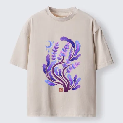 Tokyo-Tiger Peaceful Purple Floral Night Art Washed T-Shirt