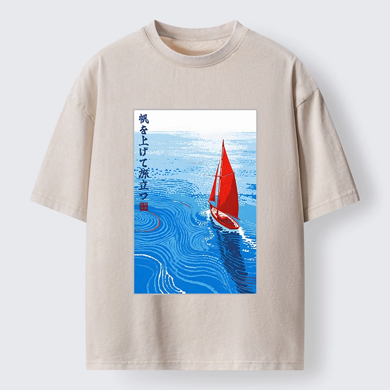 Tokyo-Tiger Bright Blue Sea Sail Journey Art Washed T-Shirt
