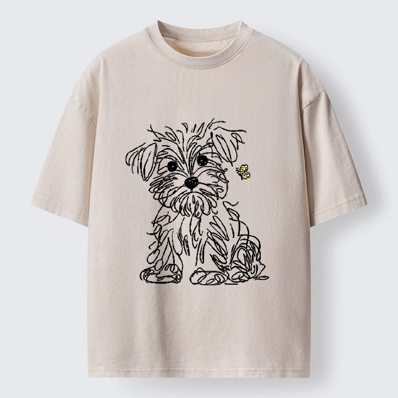 Tokyo-Tiger Simple Line Dog Tiny Butterfly Washed T-Shirt