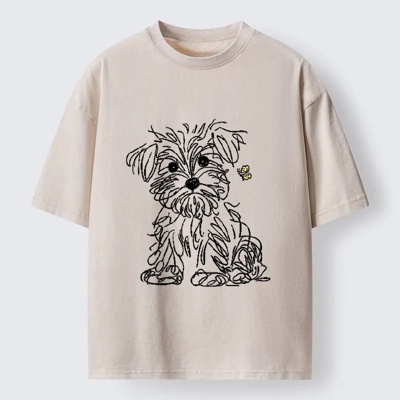 Tokyo-Tiger Simple Line Dog Tiny Butterfly Washed T-Shirt Sale