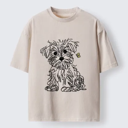Tokyo-Tiger Simple Line Dog Tiny Butterfly Washed T-Shirt