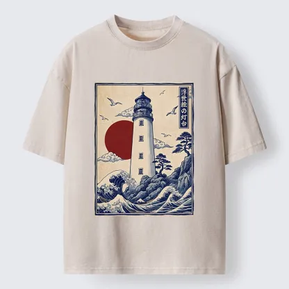 Tokyo-Tiger Classic Wave Lighthouse Sunrise Print Washed T-Shirt