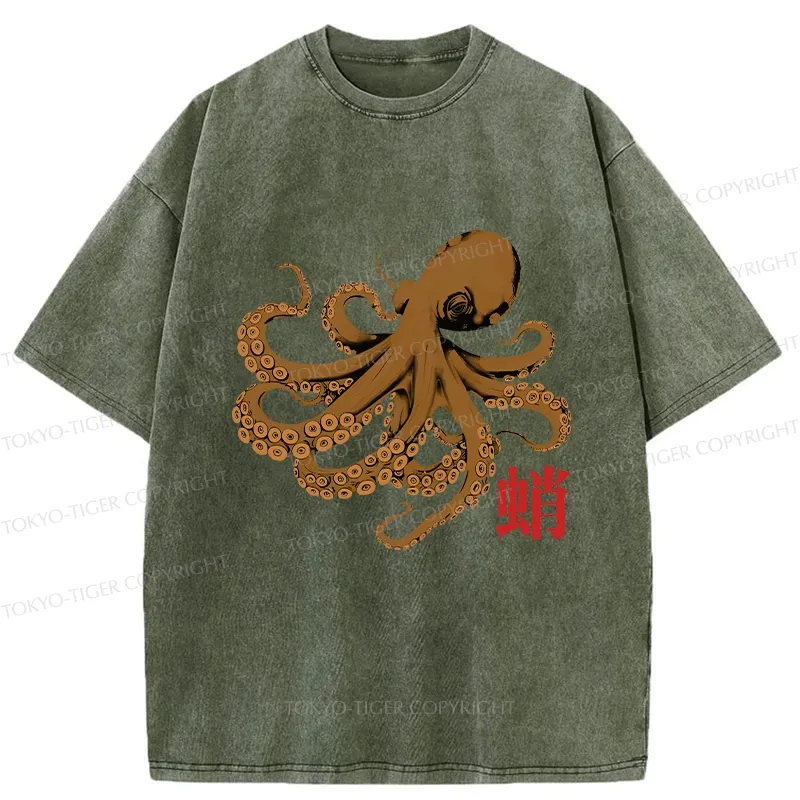 Tokyo-Tiger Retro Japanese Octopus Washed T-Shirt