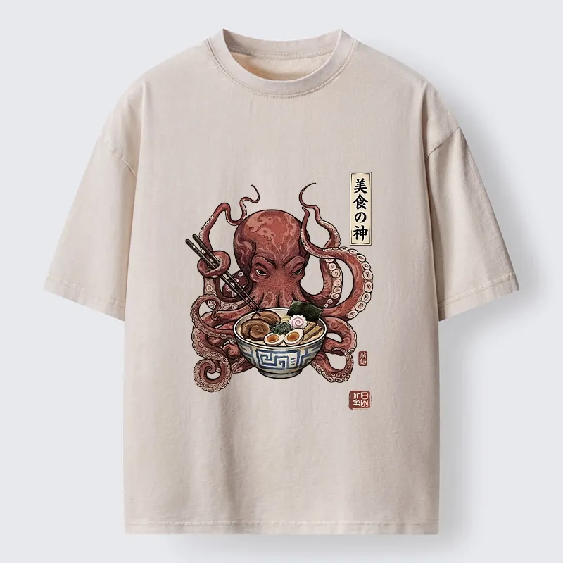 Tokyo-Tiger Octopus Ramen Food Meme Washed T-Shirt Sale